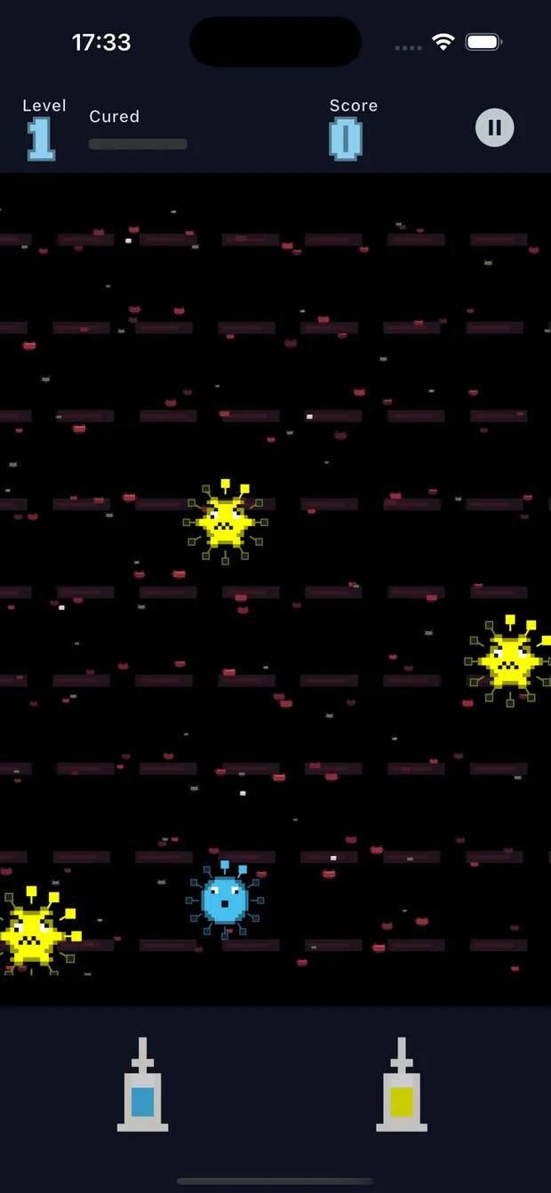 ViroPop gameplay: pixel viruses spreading with antidote syringes in the bottom bar