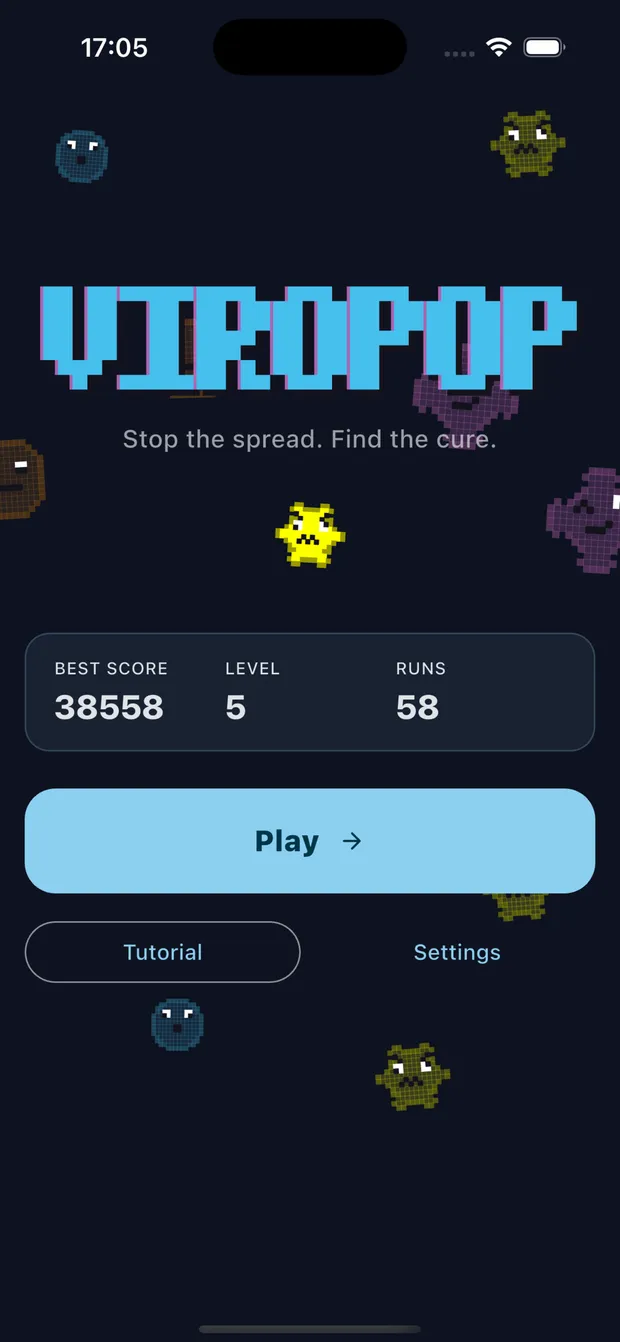 ViroPop home screen with the pixel wordmark, best score and Play button