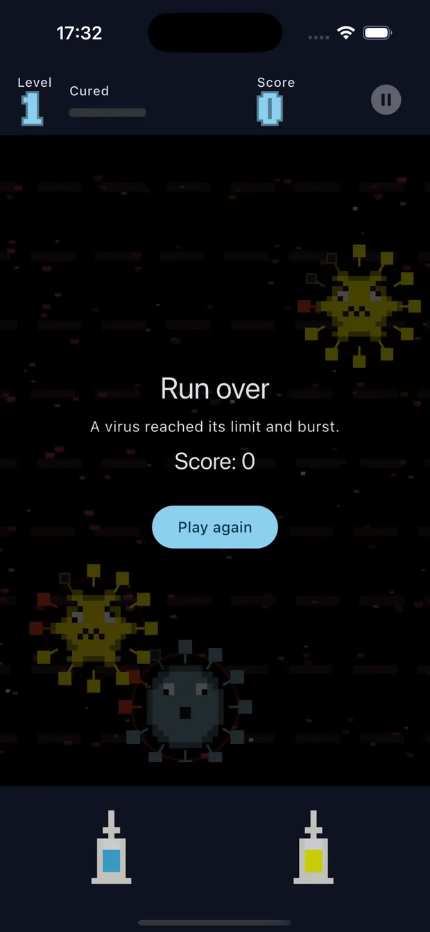 ViroPop end-of-run screen with the score breakdown